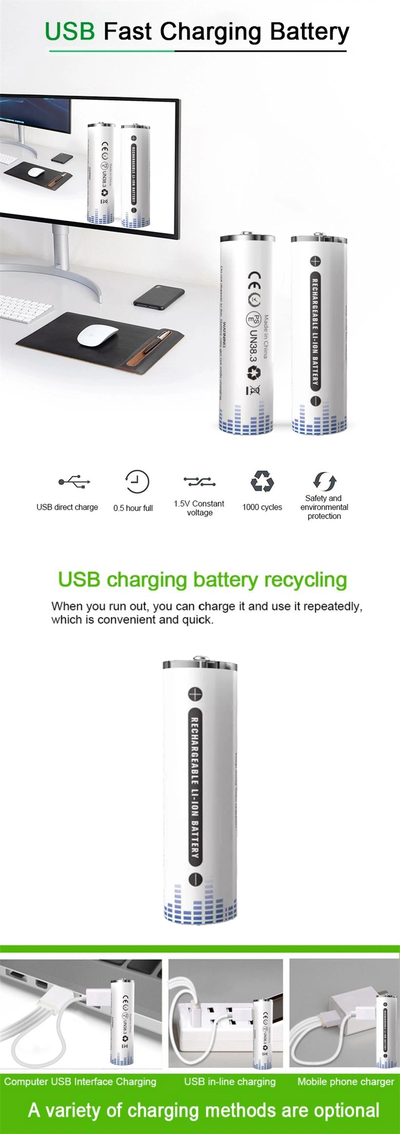 New Design 1.5V 600mwh 1100mwh USB Triple AAA 10440 Li-ion Lithium Ion Rechargeable Battery Cell with Type C USB Port